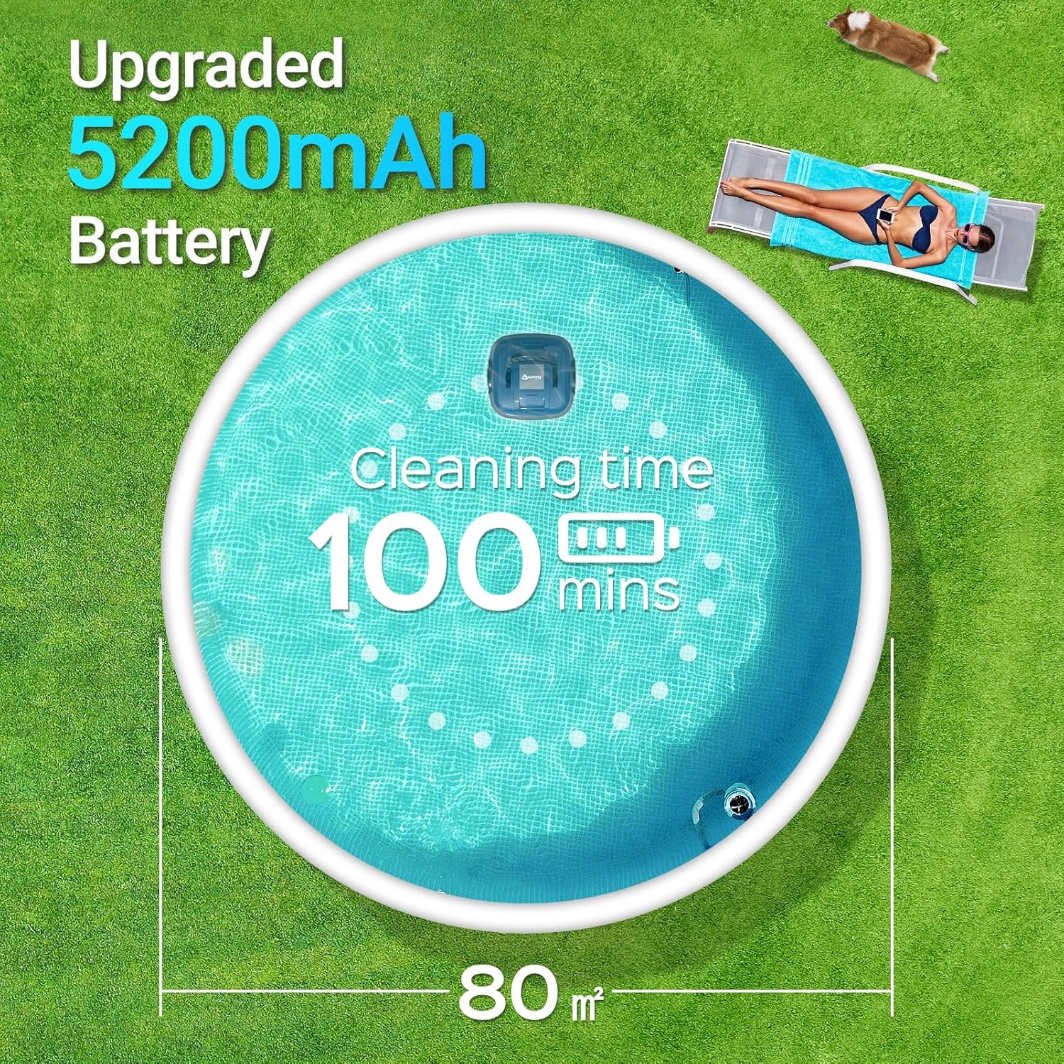 WINNY POOL CLEANER Zwembadrobot, accu, draadloos, voor vlakke bodem, opbouwzwembaden tot 80 m², zwembadstofzuiger, robot met 100 minuten, automatisch parkeren, zwembadrobot, accu, robotstofzuiger