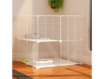 AUTO HIGH Kattenhok voor binnen, doe-het-zelf kattenkooihuis met metalen draaddichtheid, 2-laags kattenbox met 2 deuren en 1 ladder voor fret kitty konijn chinchilla, maat 75 x 75 x 73 cm, wit