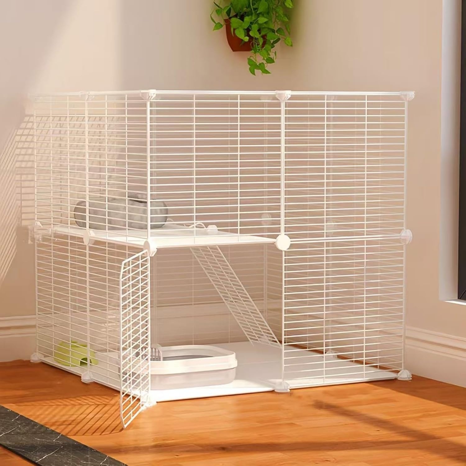 AUTO HIGH Kattenhok voor binnen, doe-het-zelf kattenkooihuis met metalen draaddichtheid, 2-laags kattenbox met 2 deuren en 1 ladder voor fret kitty konijn chinchilla, maat 75 x 75 x 73 cm, wit