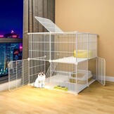 AUTO HIGH Kattenhok voor binnen, doe-het-zelf kattenkooihuis met metalen draaddichtheid, 2-laags kattenbox met 2 deuren en 1 ladder voor fret kitty konijn chinchilla, maat 75 x 75 x 73 cm, wit