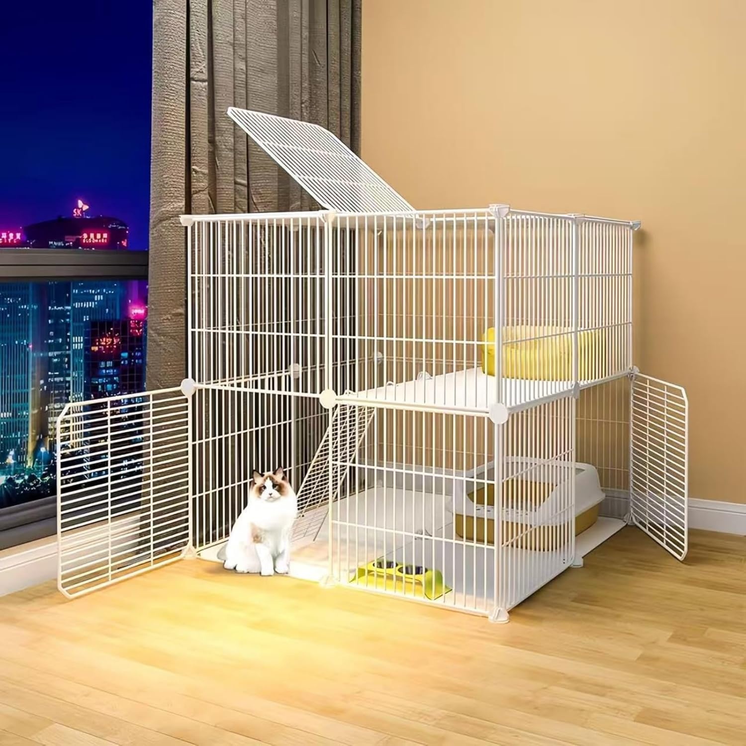 AUTO HIGH Kattenhok voor binnen, doe-het-zelf kattenkooihuis met metalen draaddichtheid, 2-laags kattenbox met 2 deuren en 1 ladder voor fret kitty konijn chinchilla, maat 75 x 75 x 73 cm, wit