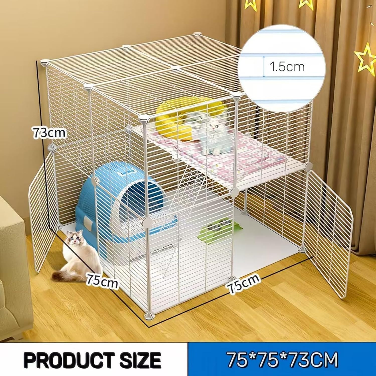 AUTO HIGH Kattenhok voor binnen, doe-het-zelf kattenkooihuis met metalen draaddichtheid, 2-laags kattenbox met 2 deuren en 1 ladder voor fret kitty konijn chinchilla, maat 75 x 75 x 73 cm, wit