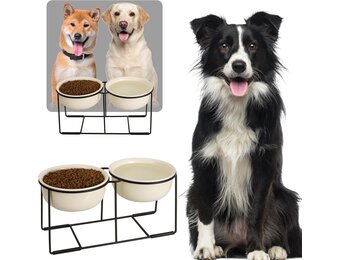 Verhoogde keramische hondenbak met metalen standaard - Dubbele kommen voor voer en water - Voerbak voor middelgrote honden - Geel