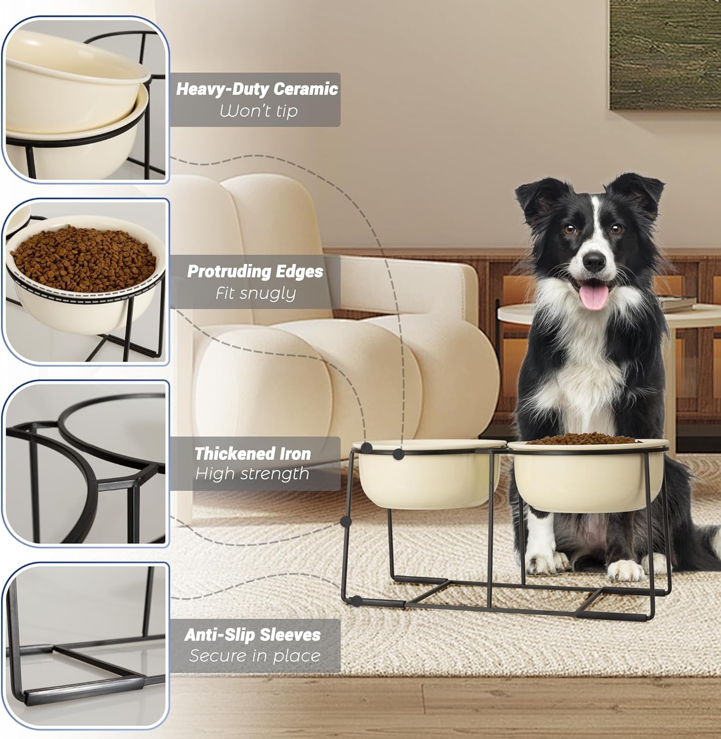 Verhoogde keramische hondenbak met metalen standaard - Dubbele kommen voor voer en water - Voerbak voor middelgrote honden - Geel