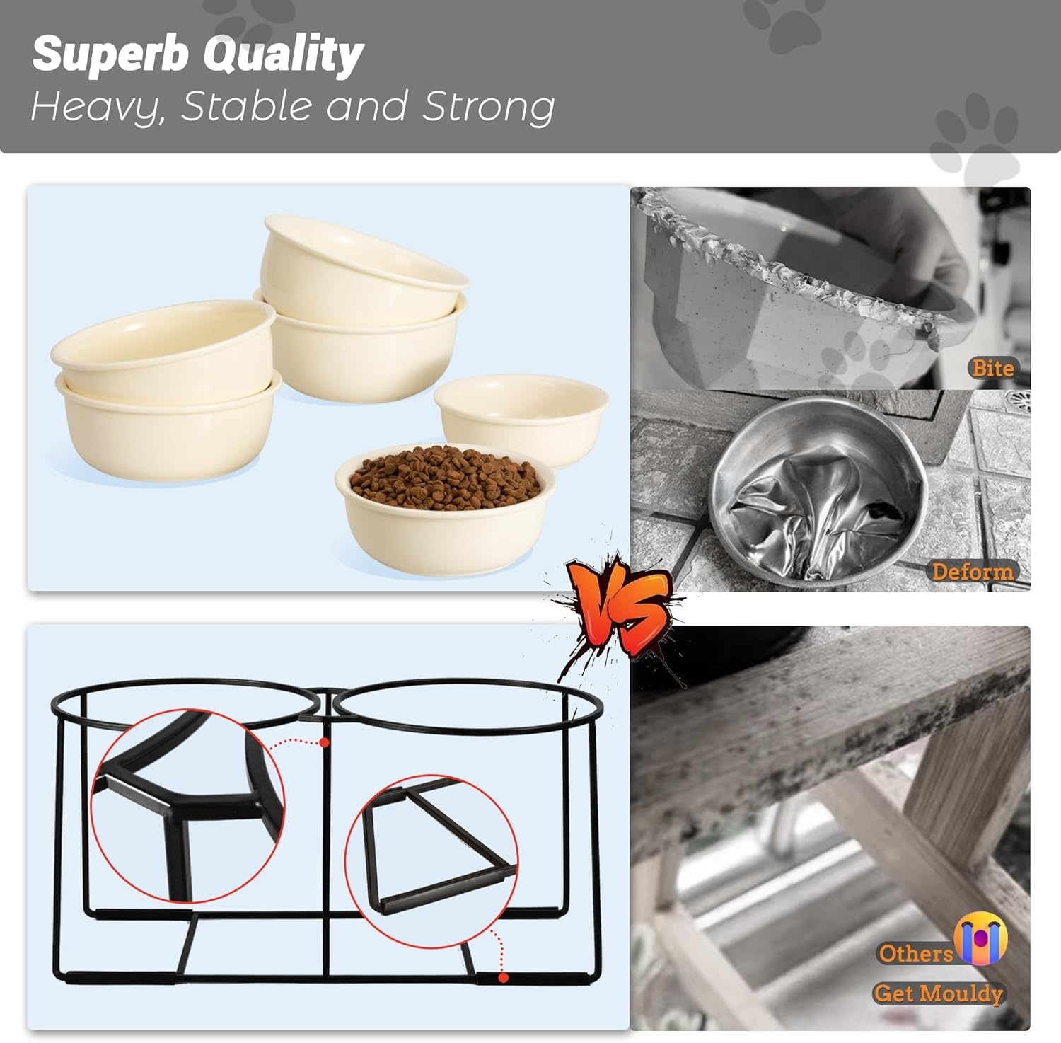 Verhoogde keramische hondenbak met metalen standaard - Dubbele kommen voor voer en water - Voerbak voor middelgrote honden - Geel
