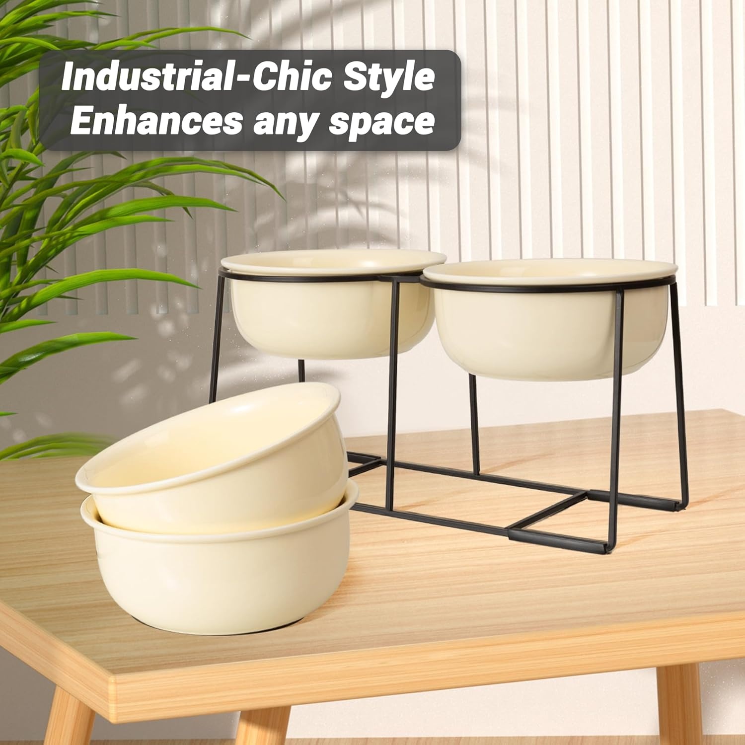 Verhoogde keramische hondenbak met metalen standaard - Dubbele kommen voor voer en water - Voerbak voor middelgrote honden - Geel