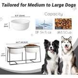 Verhoogde voederbakken voor grote honden, set van keramiek met antislip metalen houder, dubbele hondenbak voor voer en water, geschikt voor middelgrote en grote honden, 2 x 1600 ml, wit