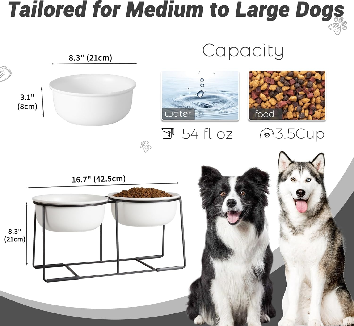 Verhoogde voederbakken voor grote honden, set van keramiek met antislip metalen houder, dubbele hondenbak voor voer en water, geschikt voor middelgrote en grote honden, 2 x 1600 ml, wit