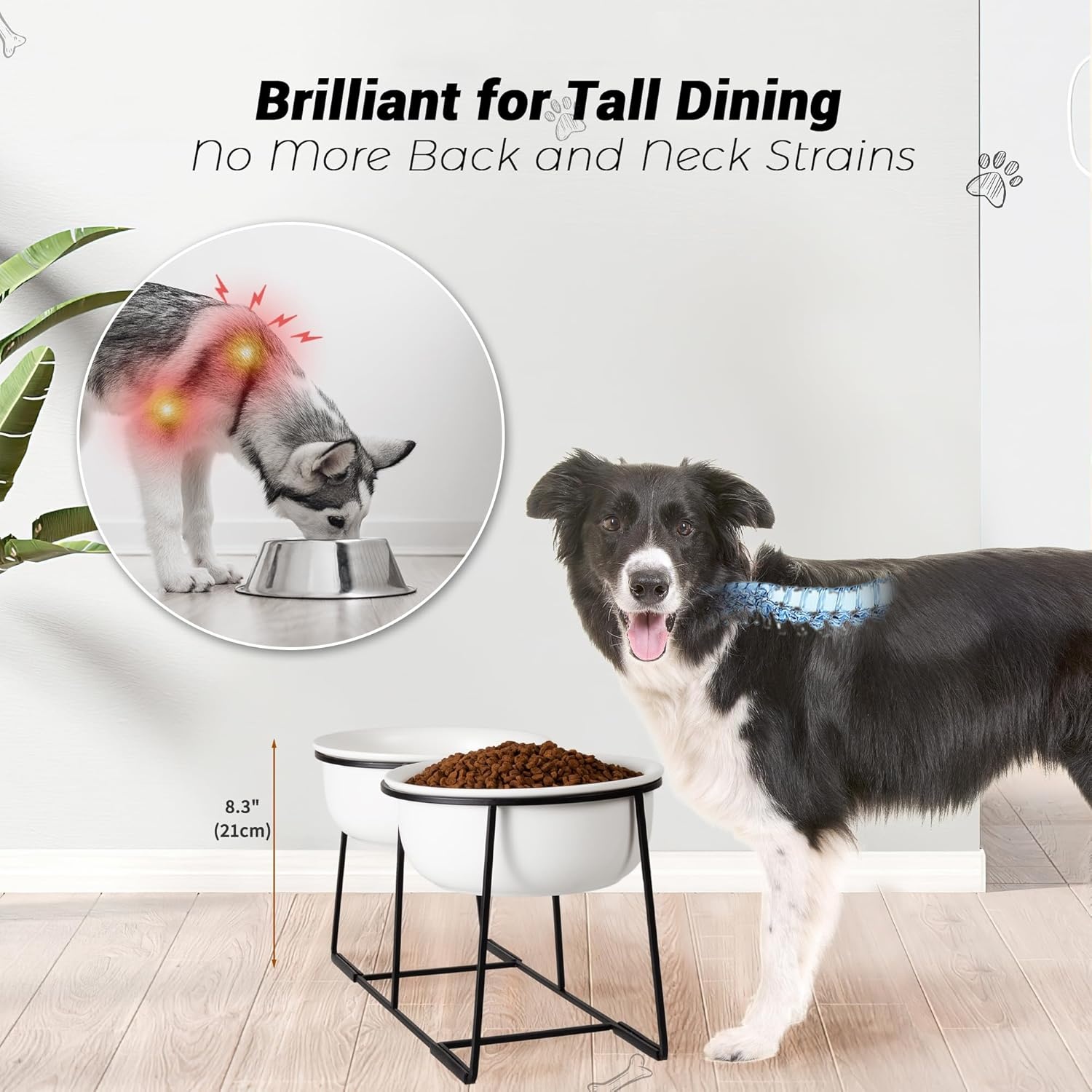 Verhoogde voederbakken voor grote honden, set van keramiek met antislip metalen houder, dubbele hondenbak voor voer en water, geschikt voor middelgrote en grote honden, 2 x 1600 ml, wit