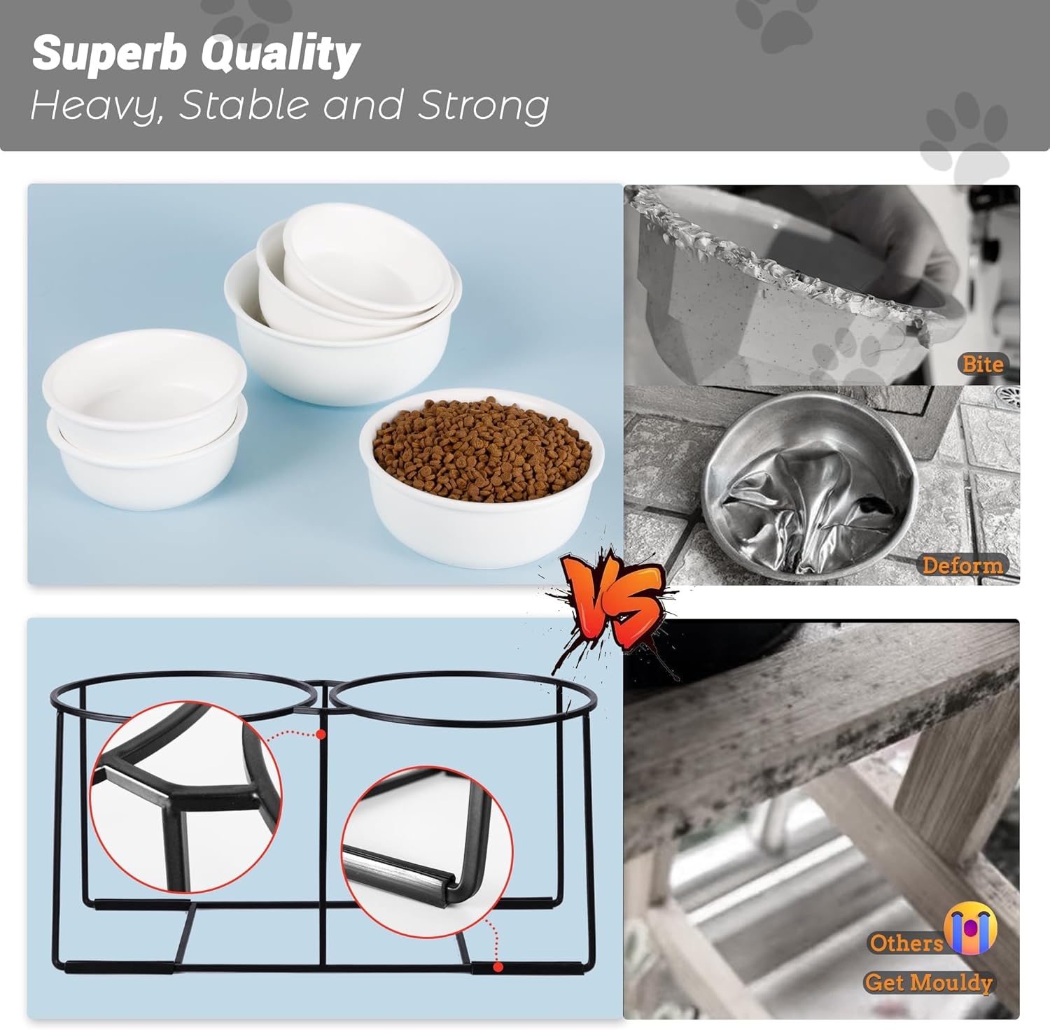 Verhoogde voederbakken voor grote honden, set van keramiek met antislip metalen houder, dubbele hondenbak voor voer en water, geschikt voor middelgrote en grote honden, 2 x 1600 ml, wit