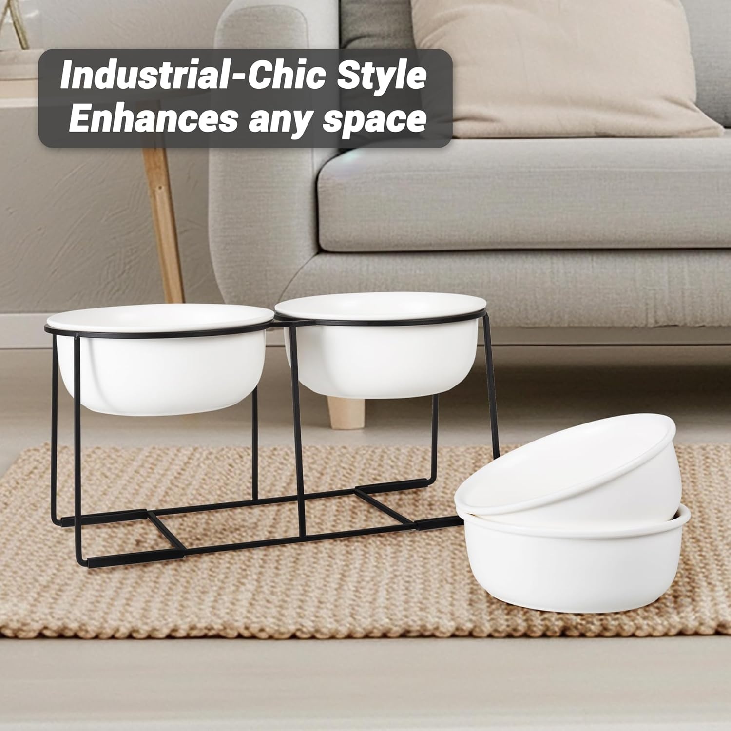 Verhoogde voederbakken voor grote honden, set van keramiek met antislip metalen houder, dubbele hondenbak voor voer en water, geschikt voor middelgrote en grote honden, 2 x 1600 ml, wit