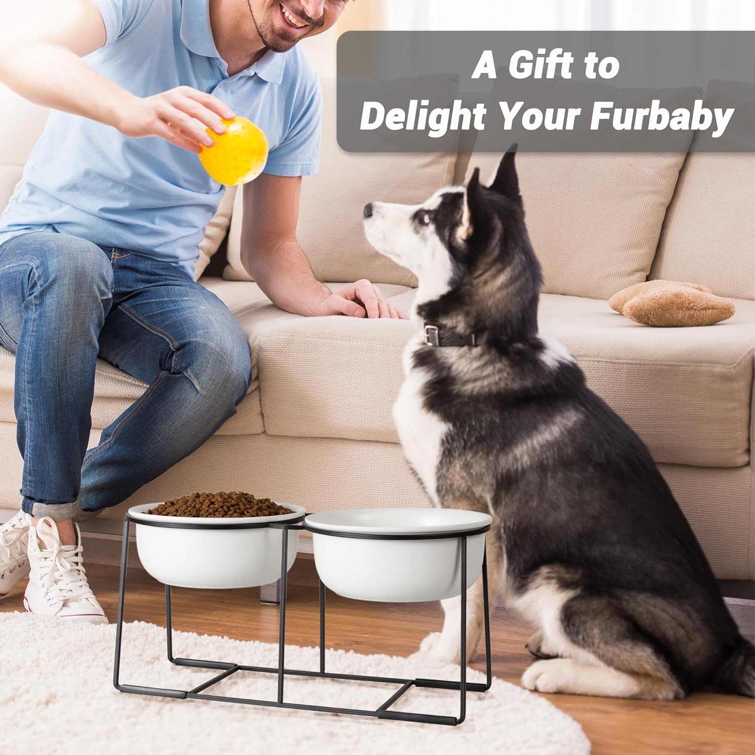 Verhoogde voederbakken voor grote honden, set van keramiek met antislip metalen houder, dubbele hondenbak voor voer en water, geschikt voor middelgrote en grote honden, 2 x 1600 ml, wit