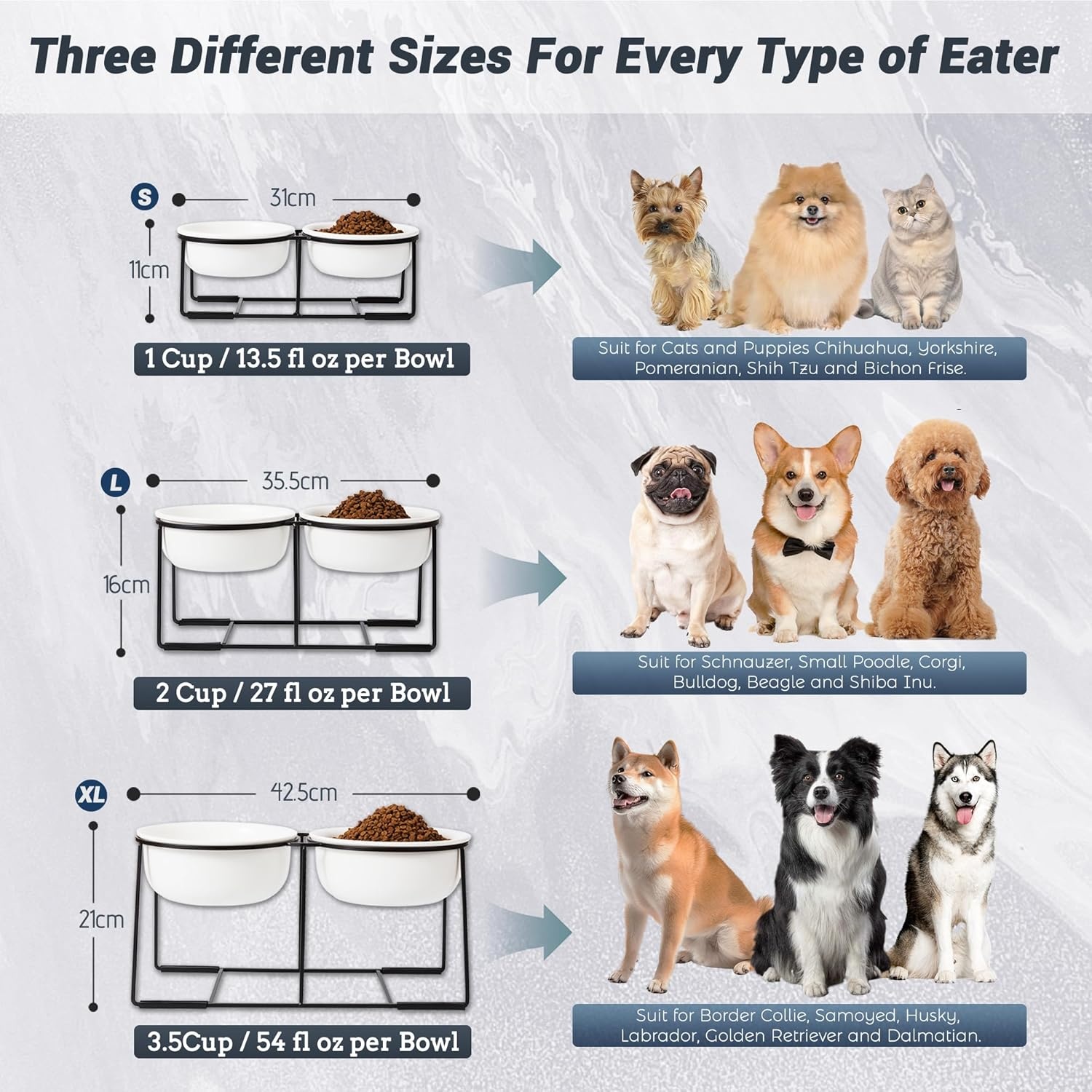 Verhoogde voederbakken voor grote honden, set van keramiek met antislip metalen houder, dubbele hondenbak voor voer en water, geschikt voor middelgrote en grote honden, 2 x 1600 ml, wit
