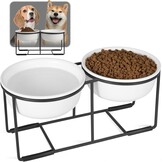 Verhoogde voederbakken voor grote honden, set van keramiek met antislip metalen houder, dubbele hondenbak voor voer en water, geschikt voor middelgrote en grote honden, 2 x 1600 ml, wit