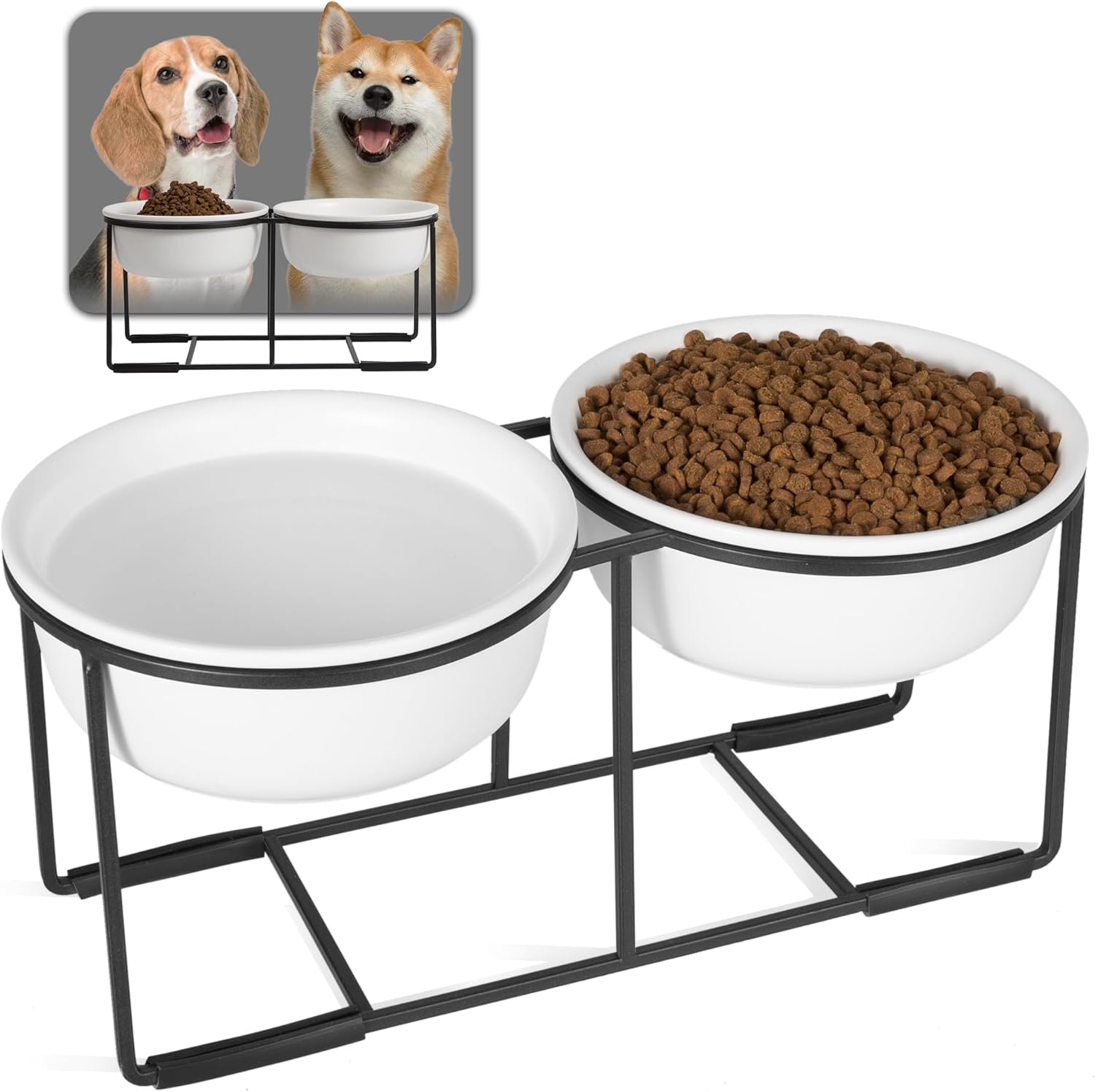 Verhoogde voederbakken voor grote honden, set van keramiek met antislip metalen houder, dubbele hondenbak voor voer en water, geschikt voor middelgrote en grote honden, 2 x 1600 ml, wit