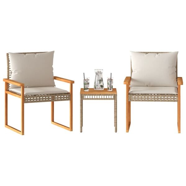 vidaXL Bistroset & Kussens - Poly Rattan/Hout - Beige - 34% Korting