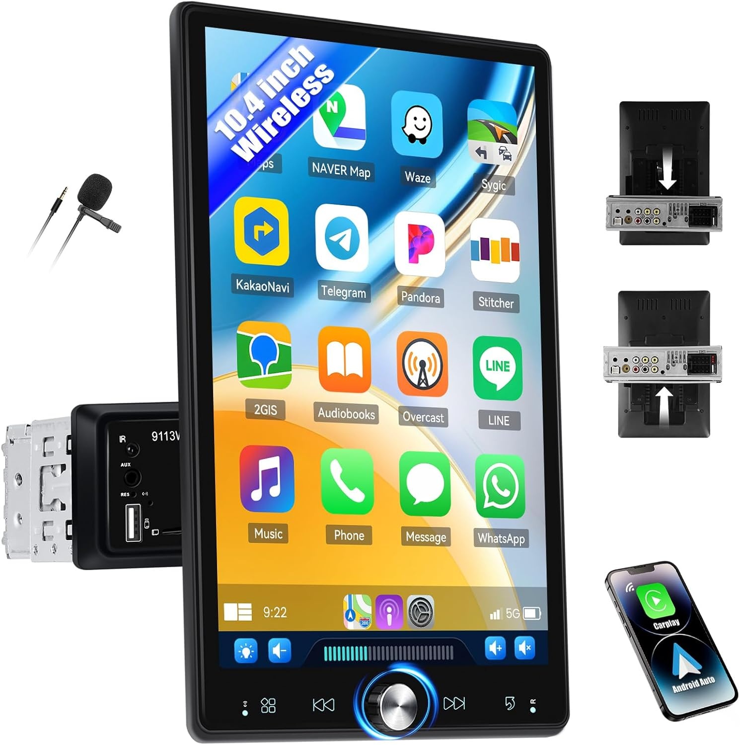 CAMECHO 10,4 inch draaidisplay autoradio – draadloze CarPlay Android Auto MP5 met 2.5D HD-Touch, EQ&Bluetooth 5.0 FM/RDS + USB/AUX voor auto/vrachtwagen universeel