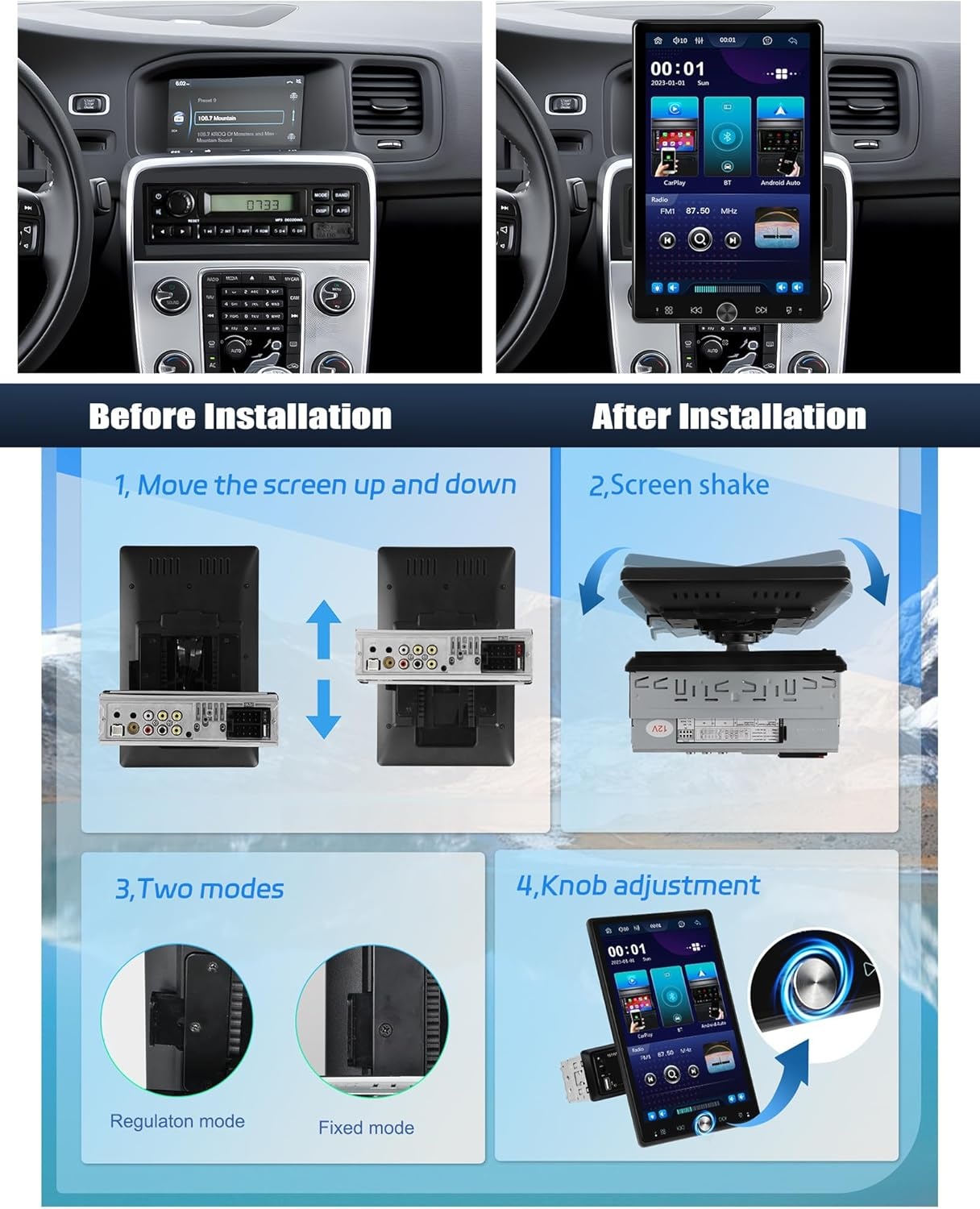 CAMECHO 10,4 inch draaidisplay autoradio – draadloze CarPlay Android Auto MP5 met 2.5D HD-Touch, EQ&Bluetooth 5.0 FM/RDS + USB/AUX voor auto/vrachtwagen universeel