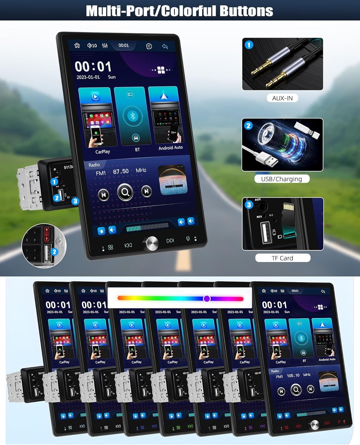 CAMECHO 10,4 inch draaidisplay autoradio – draadloze CarPlay Android Auto MP5 met 2.5D HD-Touch, EQ&Bluetooth 5.0 FM/RDS + USB/AUX voor auto/vrachtwagen universeel