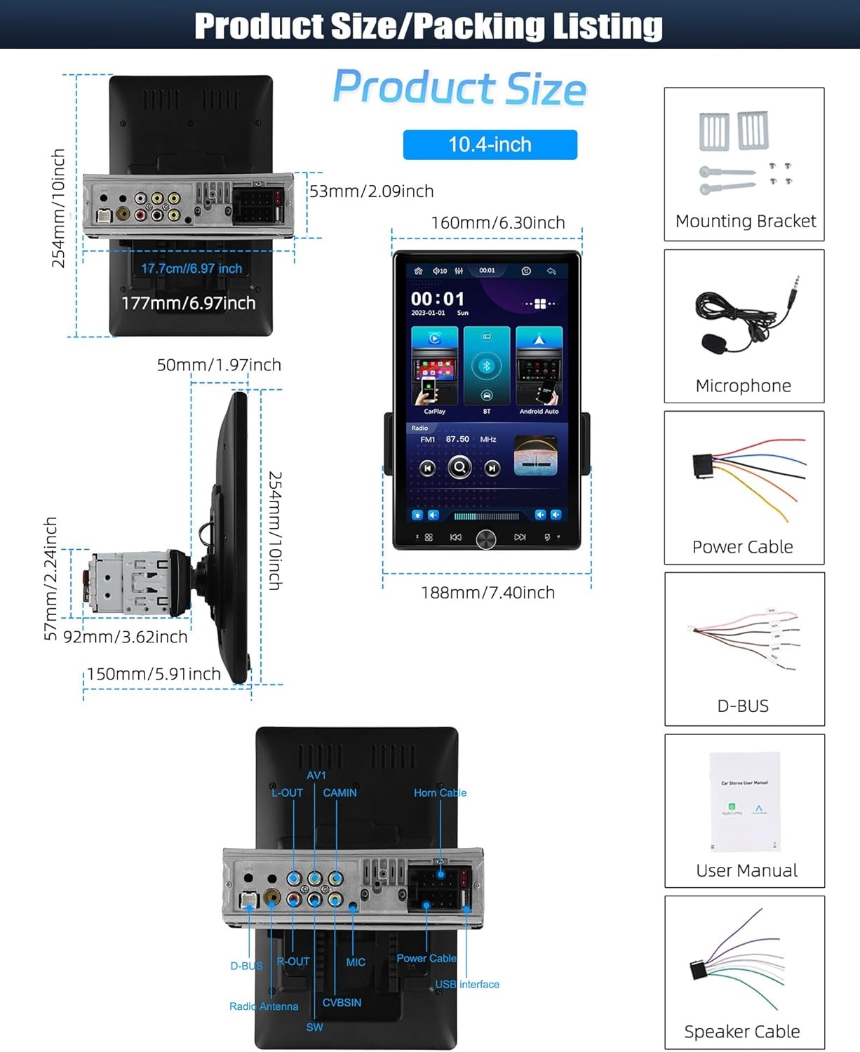 CAMECHO 10,4 inch draaidisplay autoradio – draadloze CarPlay Android Auto MP5 met 2.5D HD-Touch, EQ&Bluetooth 5.0 FM/RDS + USB/AUX voor auto/vrachtwagen universeel