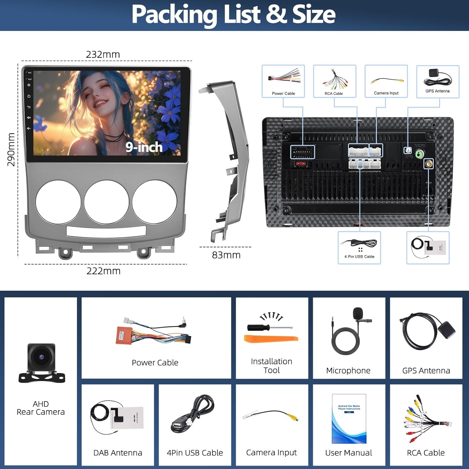 8Core 4G+64G Android 13 autoradio voor Mazda 5 2007-2010 met Navi Carplay Android Auto,9 inch dubbele Din Auto Radio Touch Display met Bluetooth5.0 FM/RDS MirrorLink DSP + camera aan de achterzijde