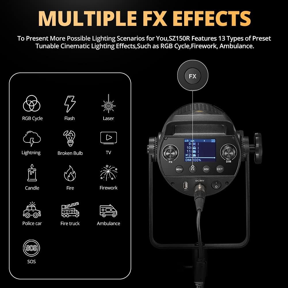 Godox SZ150R RGB COB-videolicht 150 W full-colour LED-licht, CRI 97 en TLCI96, geluidsarme warmteafvoer, 13 Fx-effecten, meerdere afstandsbedieningsmethoden
