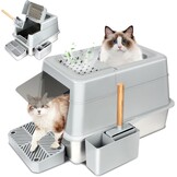 INSMEER Kattenbak XXL van roestvrij staal, 30 liter, groot, met deksel/schep/topopening, ruim voor katten tot 15 kg, lekvrij, minder sporen, gemakkelijk te reinigen, 60 x 42 x 38 cm