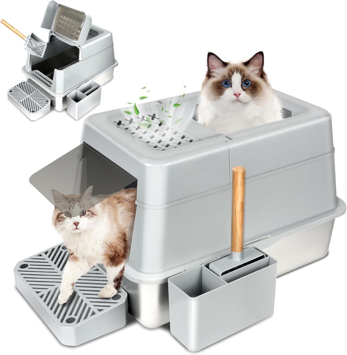 INSMEER Kattenbak XXL van roestvrij staal, 30 liter, groot, met deksel/schep/topopening, ruim voor katten tot 15 kg, lekvrij, minder sporen, gemakkelijk te reinigen, 60 x 42 x 38 cm