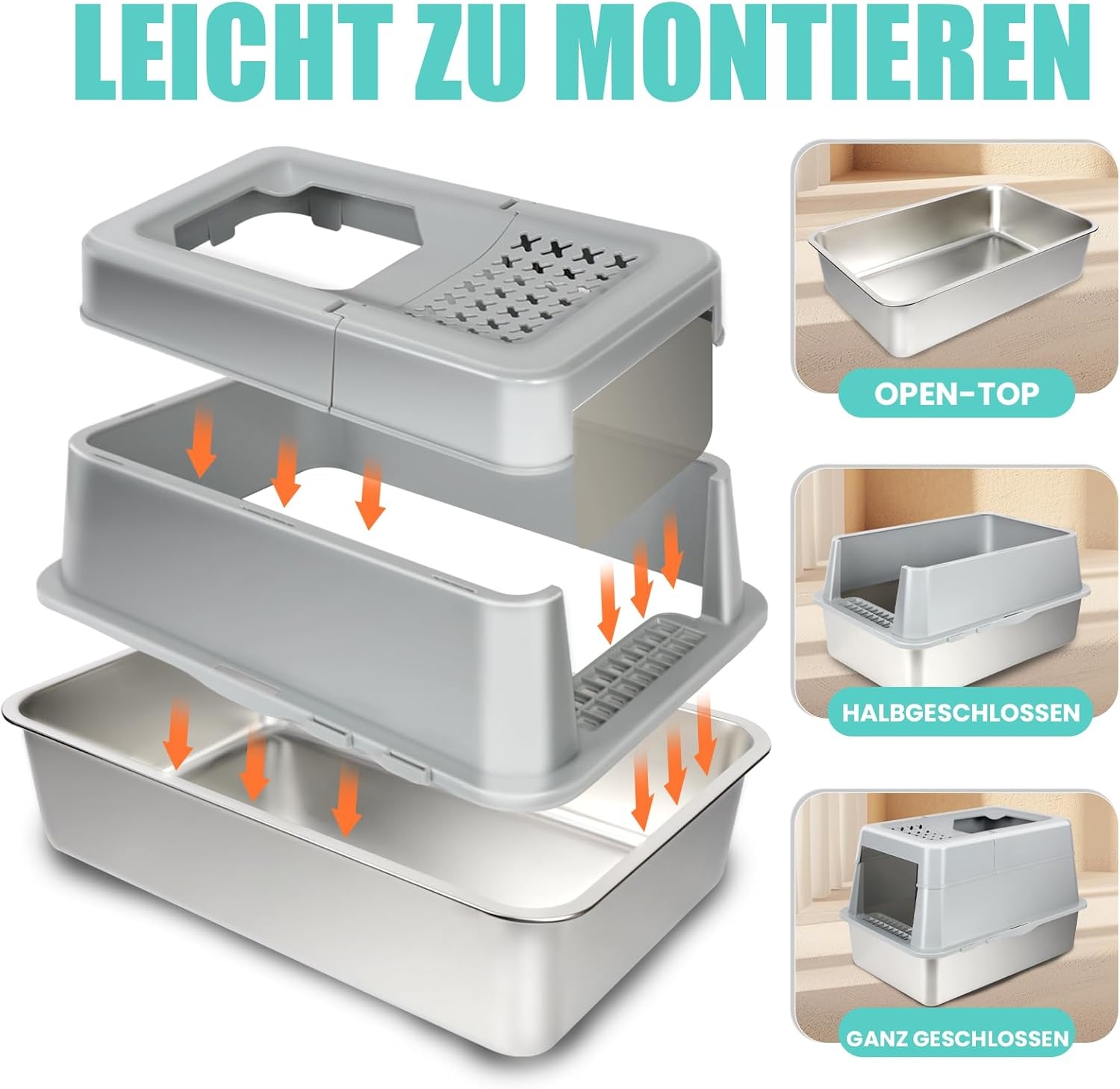 INSMEER Kattenbak XXL van roestvrij staal, 30 liter, groot, met deksel/schep/topopening, ruim voor katten tot 15 kg, lekvrij, minder sporen, gemakkelijk te reinigen, 60 x 42 x 38 cm