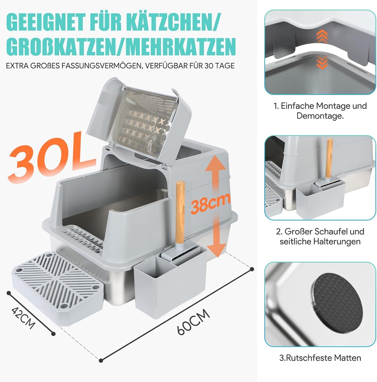 INSMEER Kattenbak XXL van roestvrij staal, 30 liter, groot, met deksel/schep/topopening, ruim voor katten tot 15 kg, lekvrij, minder sporen, gemakkelijk te reinigen, 60 x 42 x 38 cm