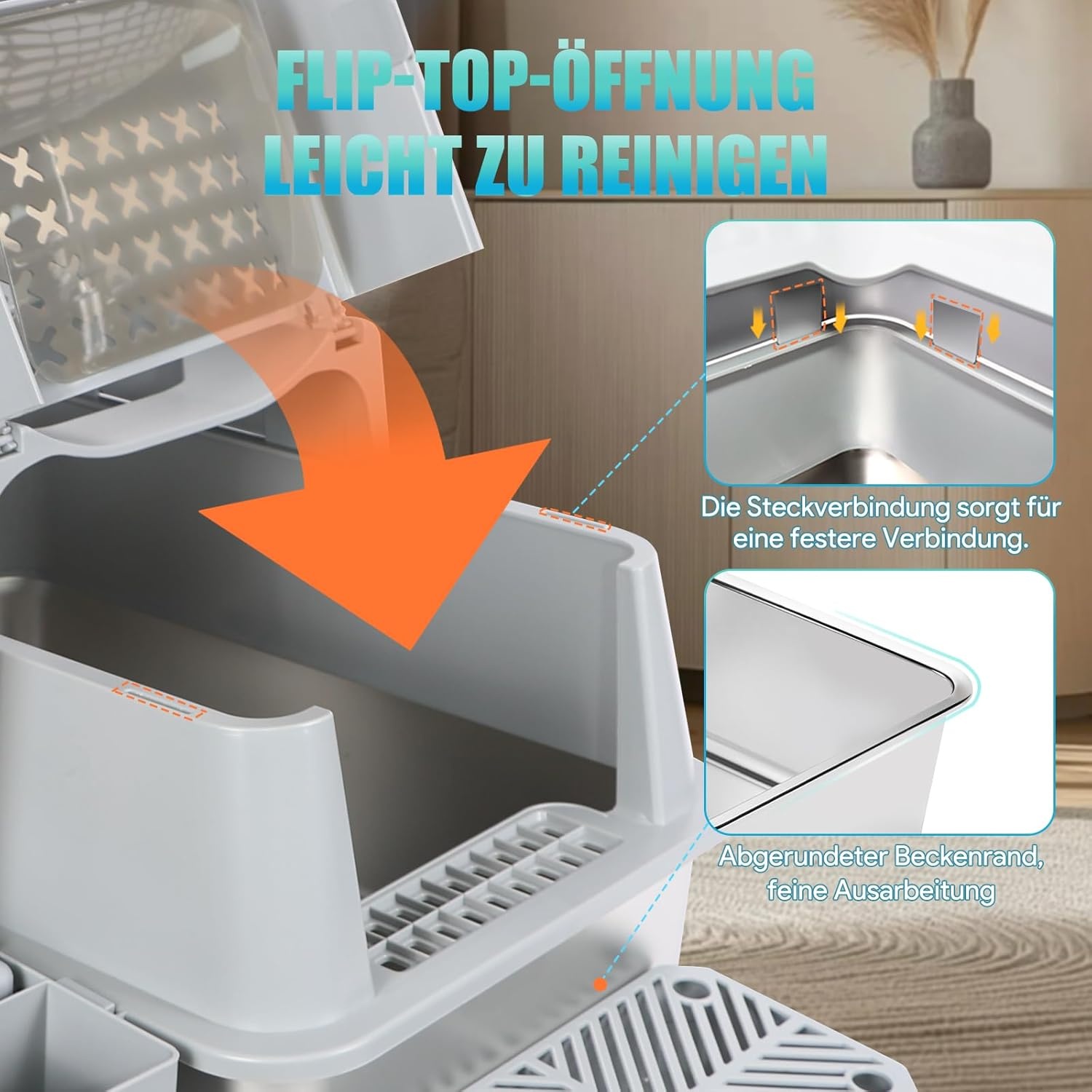 INSMEER Kattenbak XXL van roestvrij staal, 30 liter, groot, met deksel/schep/topopening, ruim voor katten tot 15 kg, lekvrij, minder sporen, gemakkelijk te reinigen, 60 x 42 x 38 cm