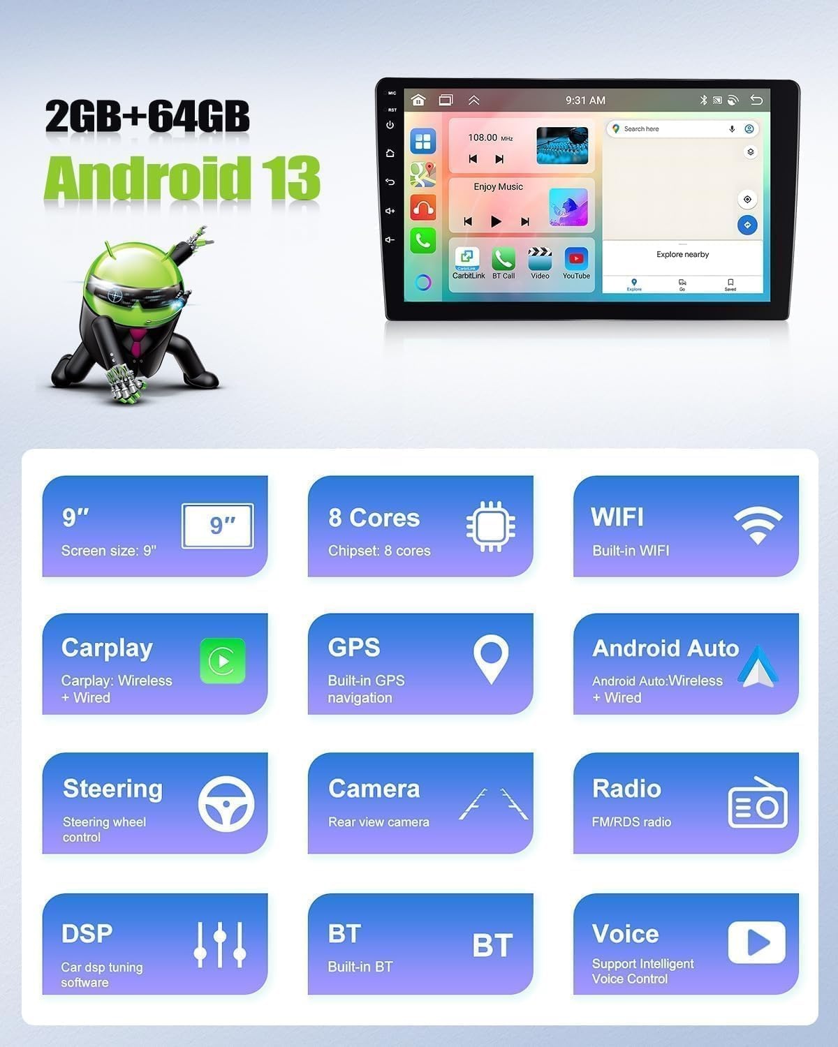 CAMECHO 2G+64G 8 Core Android 15 Autoradio für Ford Transit 2009-2016/ Ford Focus 2005-2008 mit Carplay Android Auto,9" Bildschirm 2DIN mit Navi RDS FM MirrorLink Bluetooth5.0 USB+Rückfahrkamera