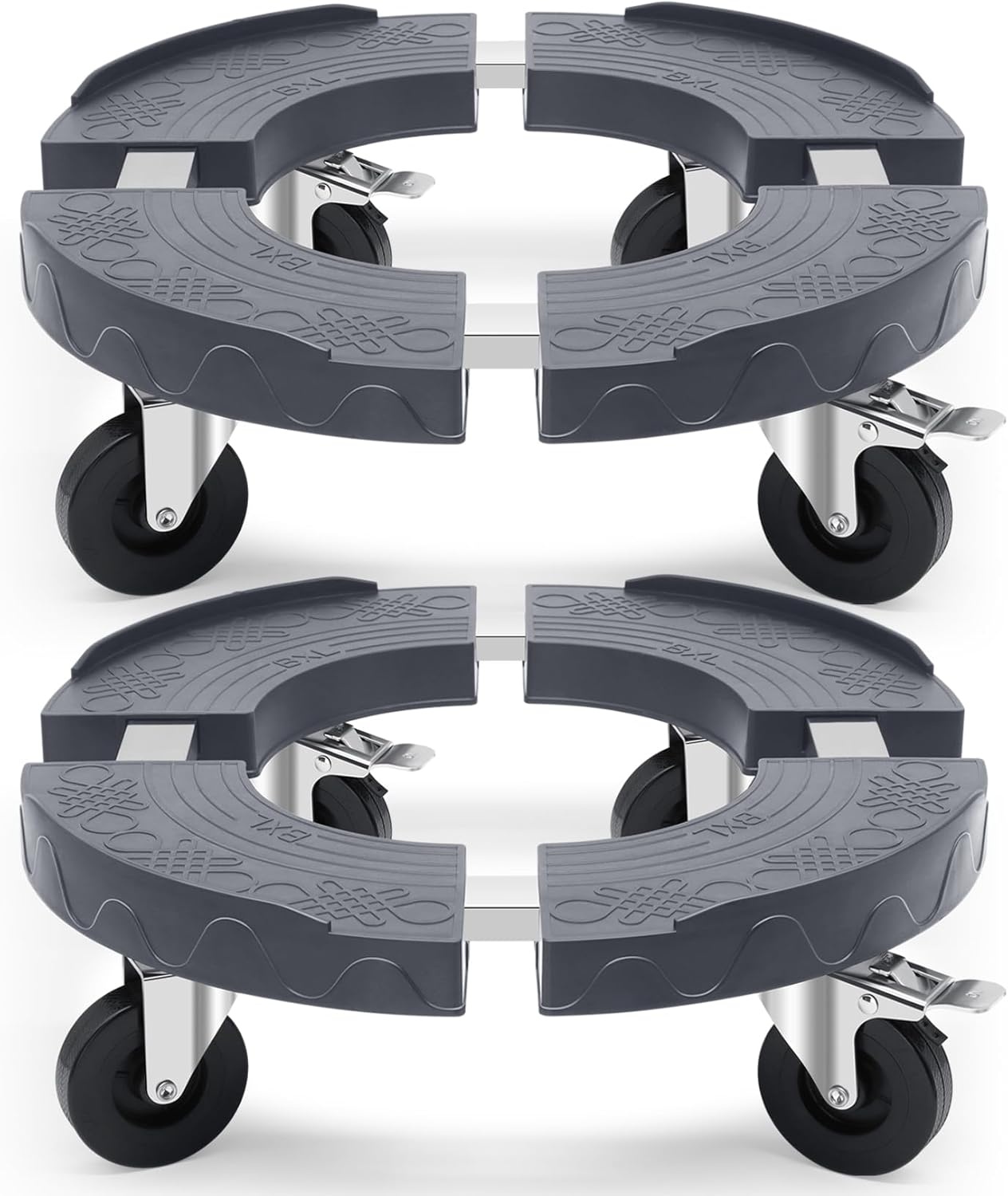 Plantenroller, voor zware lasten, grijs, draagkracht 220 kg, rolplank voor planten voor binnen en buiten, met wielen van 76 mm met rem, rolplank, rond, verstelbaar, 38-48 cm, voor