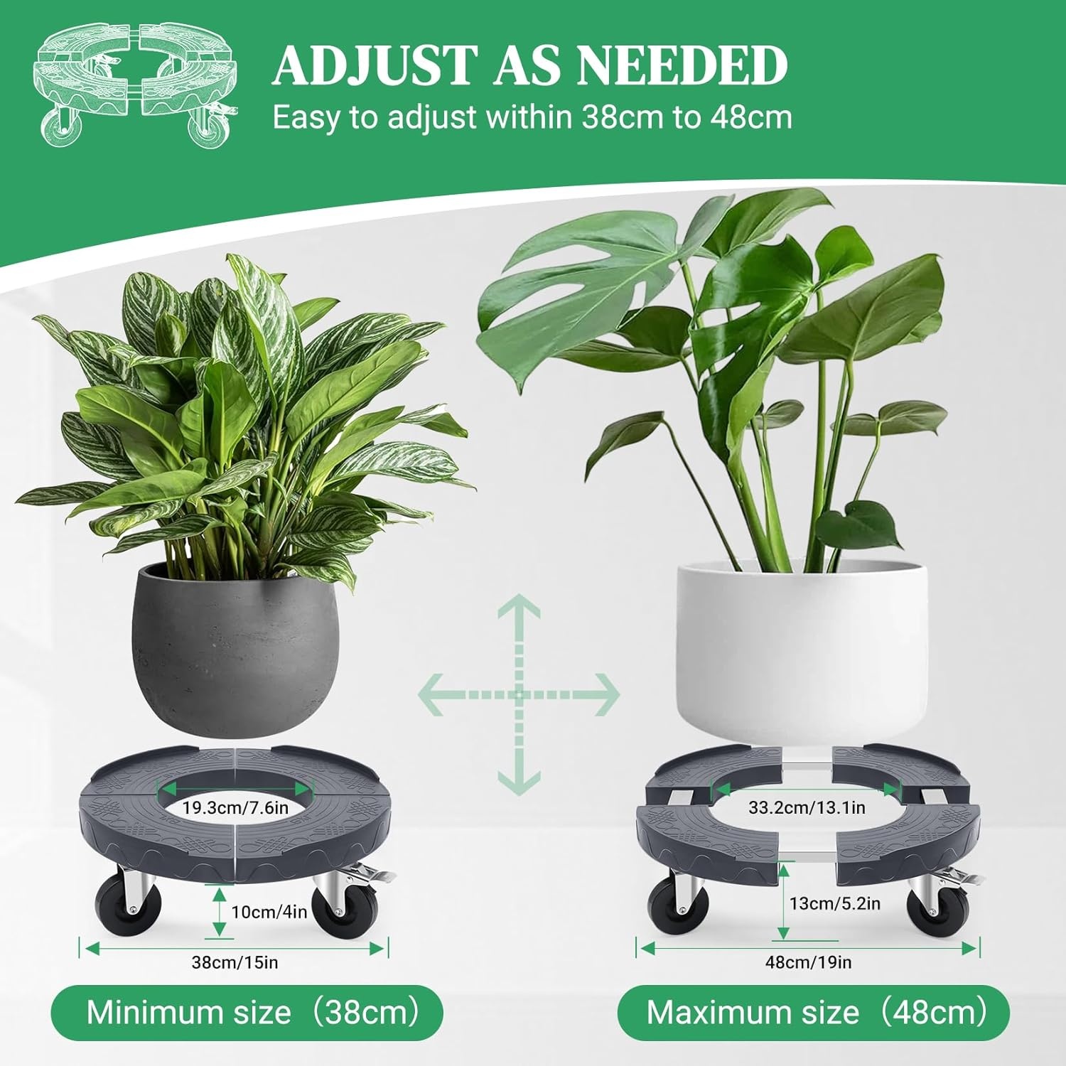 Plantenroller, voor zware lasten, grijs, draagkracht 220 kg, rolplank voor planten voor binnen en buiten, met wielen van 76 mm met rem, rolplank, rond, verstelbaar, 38-48 cm, voor