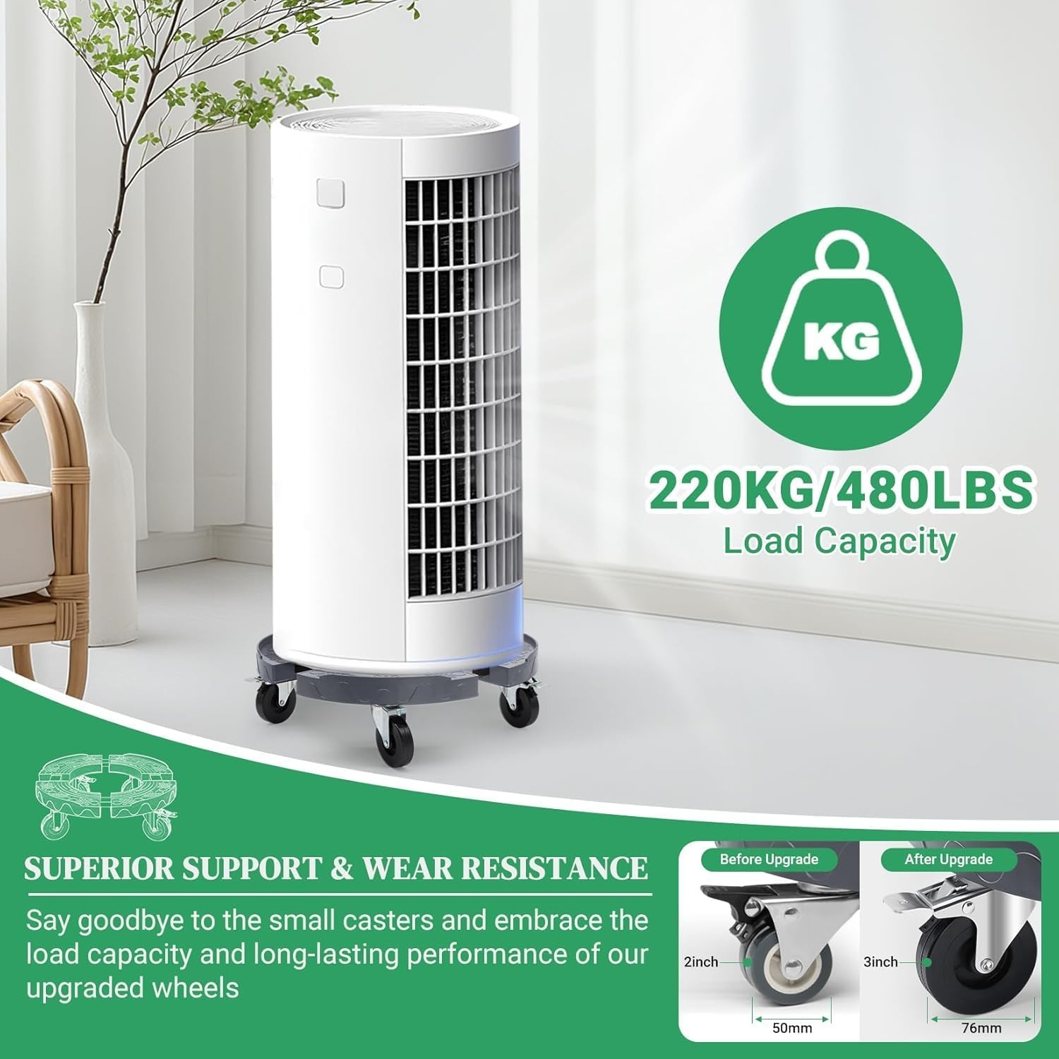 Plantenroller, voor zware lasten, grijs, draagkracht 220 kg, rolplank voor planten voor binnen en buiten, met wielen van 76 mm met rem, rolplank, rond, verstelbaar, 38-48 cm, voor