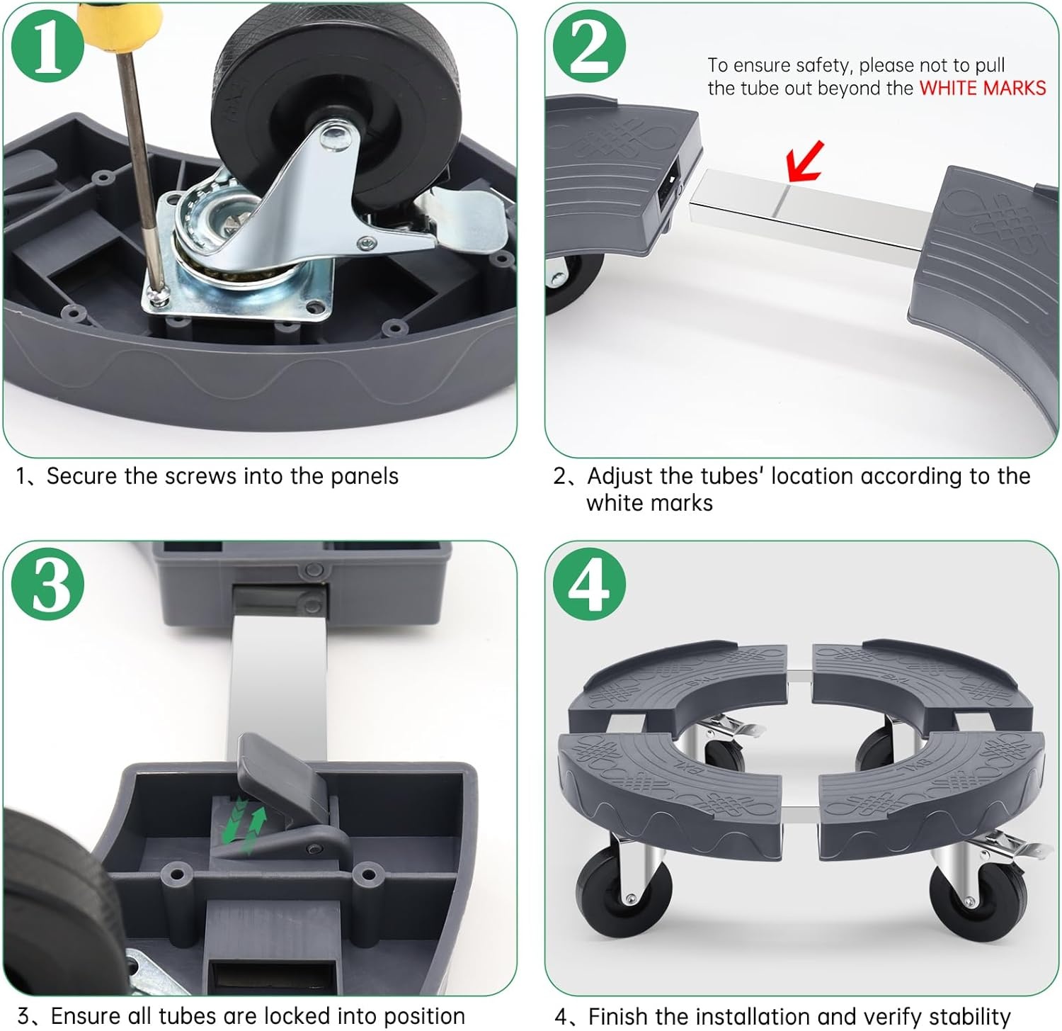 Plantenroller, voor zware lasten, grijs, draagkracht 220 kg, rolplank voor planten voor binnen en buiten, met wielen van 76 mm met rem, rolplank, rond, verstelbaar, 38-48 cm, voor