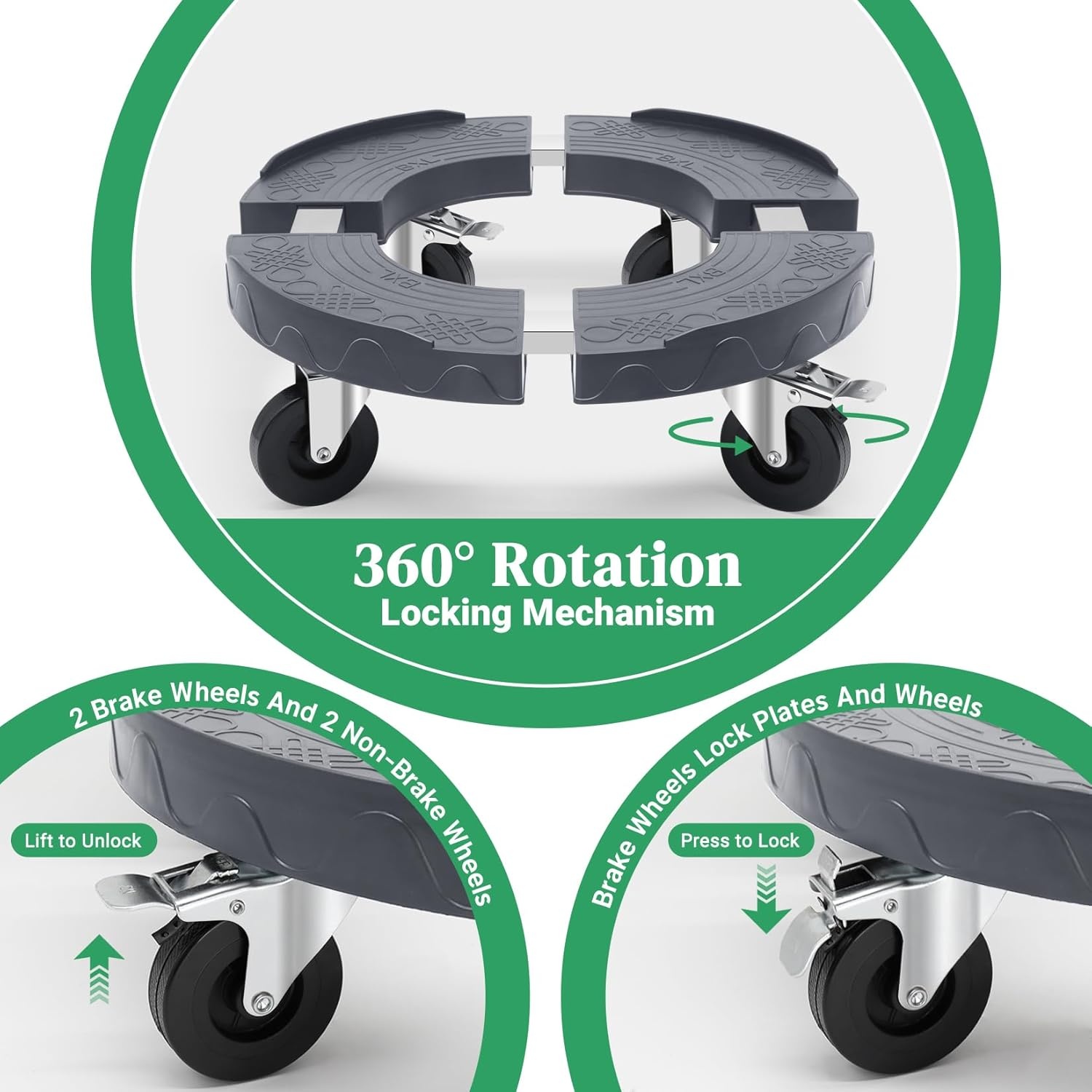 Plantenroller, voor zware lasten, grijs, draagkracht 220 kg, rolplank voor planten voor binnen en buiten, met wielen van 76 mm met rem, rolplank, rond, verstelbaar, 38-48 cm, voor