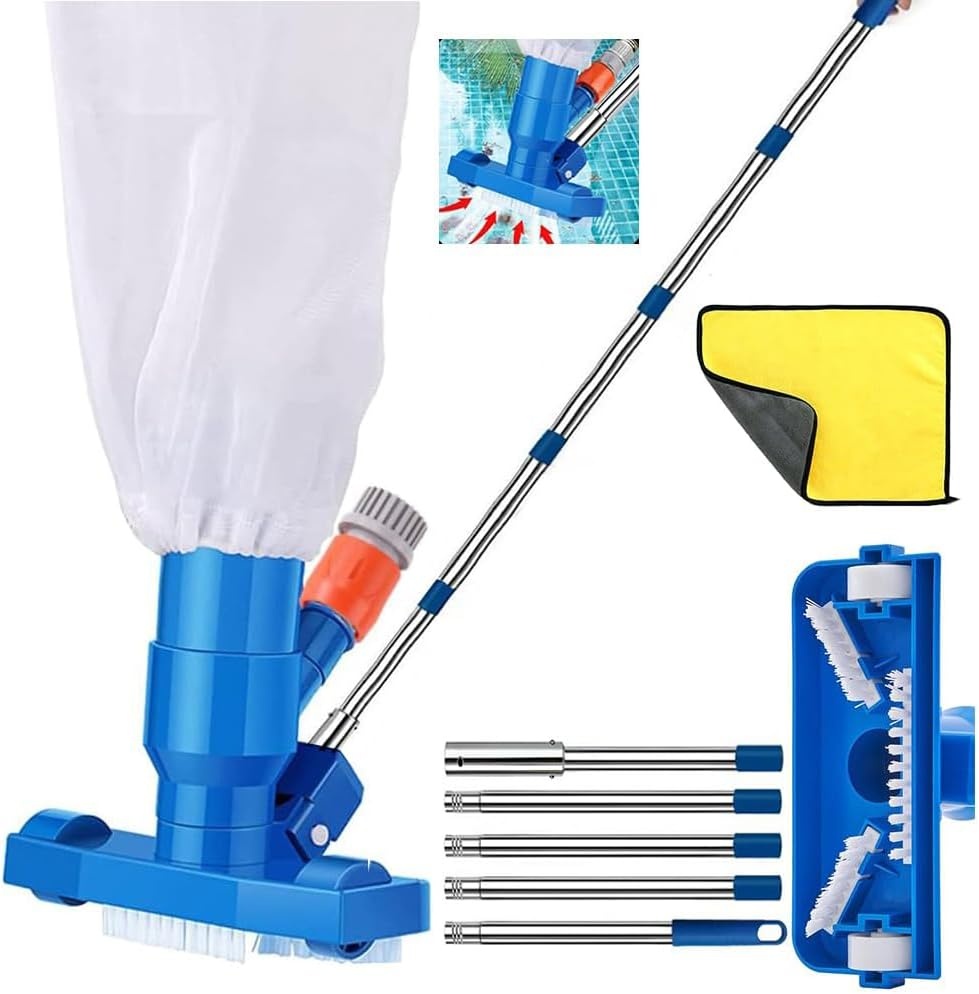 Zwembadstofzuiger, vloerzuiger met telescopische aluminium stang, 180 cm, zwembadvloerzuigerset, onderwater, zwembadreiniging, vloerzuiger, zwembadvloer reinigen