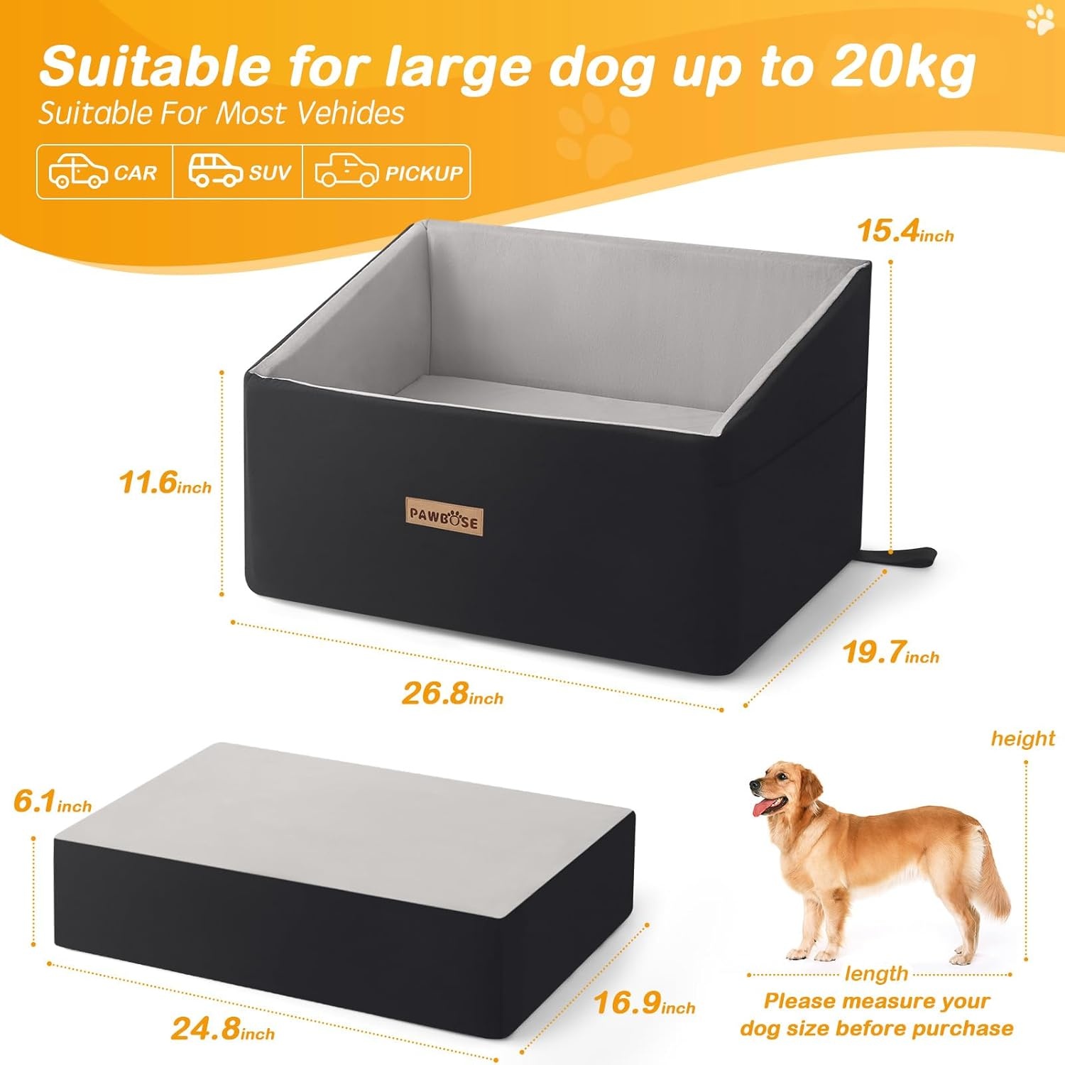 Hondenautostoel, hondenstoelverhoger voor grote honden 25 kg of 2 kleine honden, auto hondenbed met wasbare, afneembare hoes, zwart verhoogde autostoel voor huisdieren