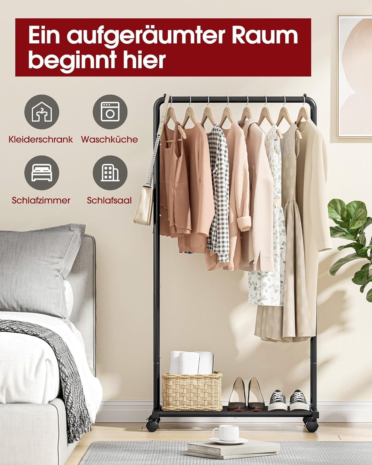 Garderobeständer met Wielen & Opbergrek - Zwart - 50% Korting