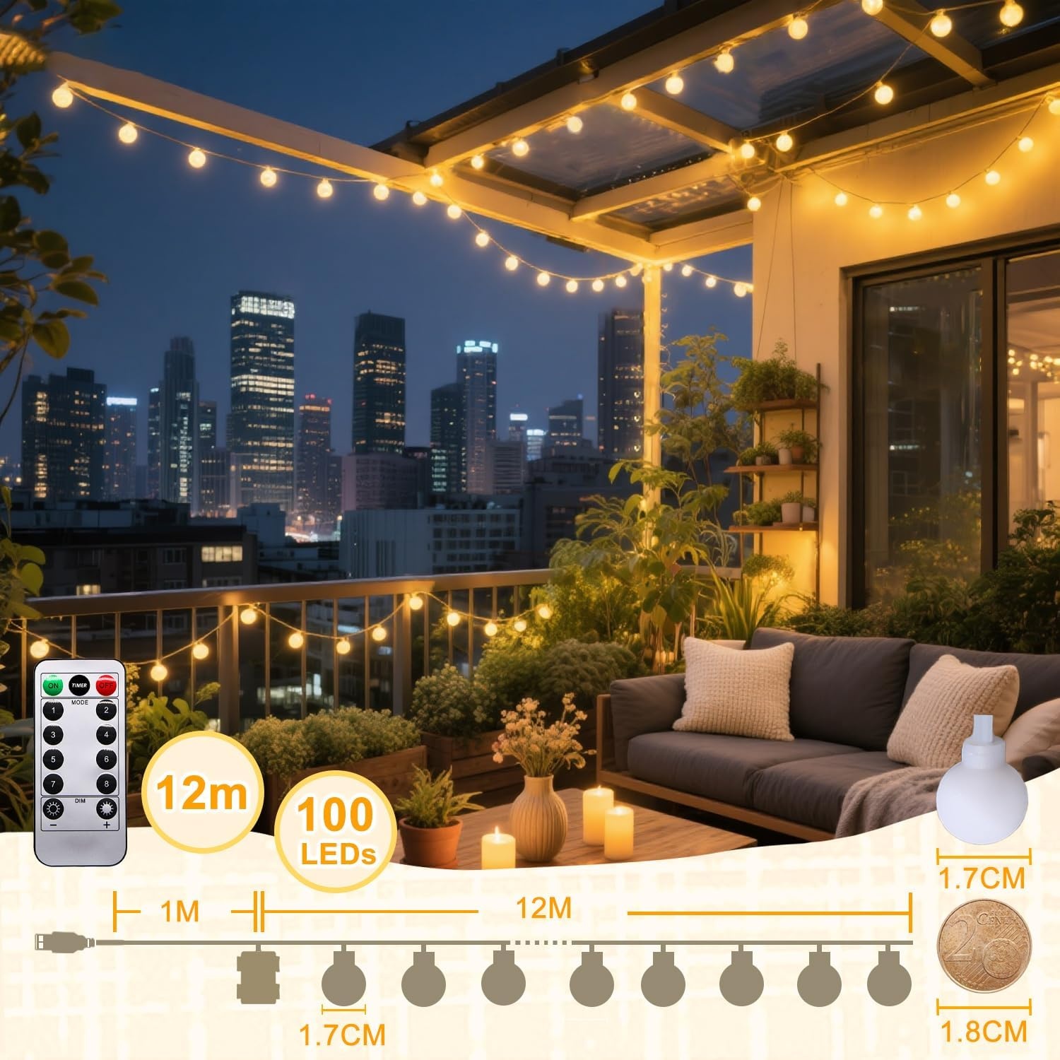 12M Lichtsnoer 100 LED's - 39% Korting | Timer & 8 Modi