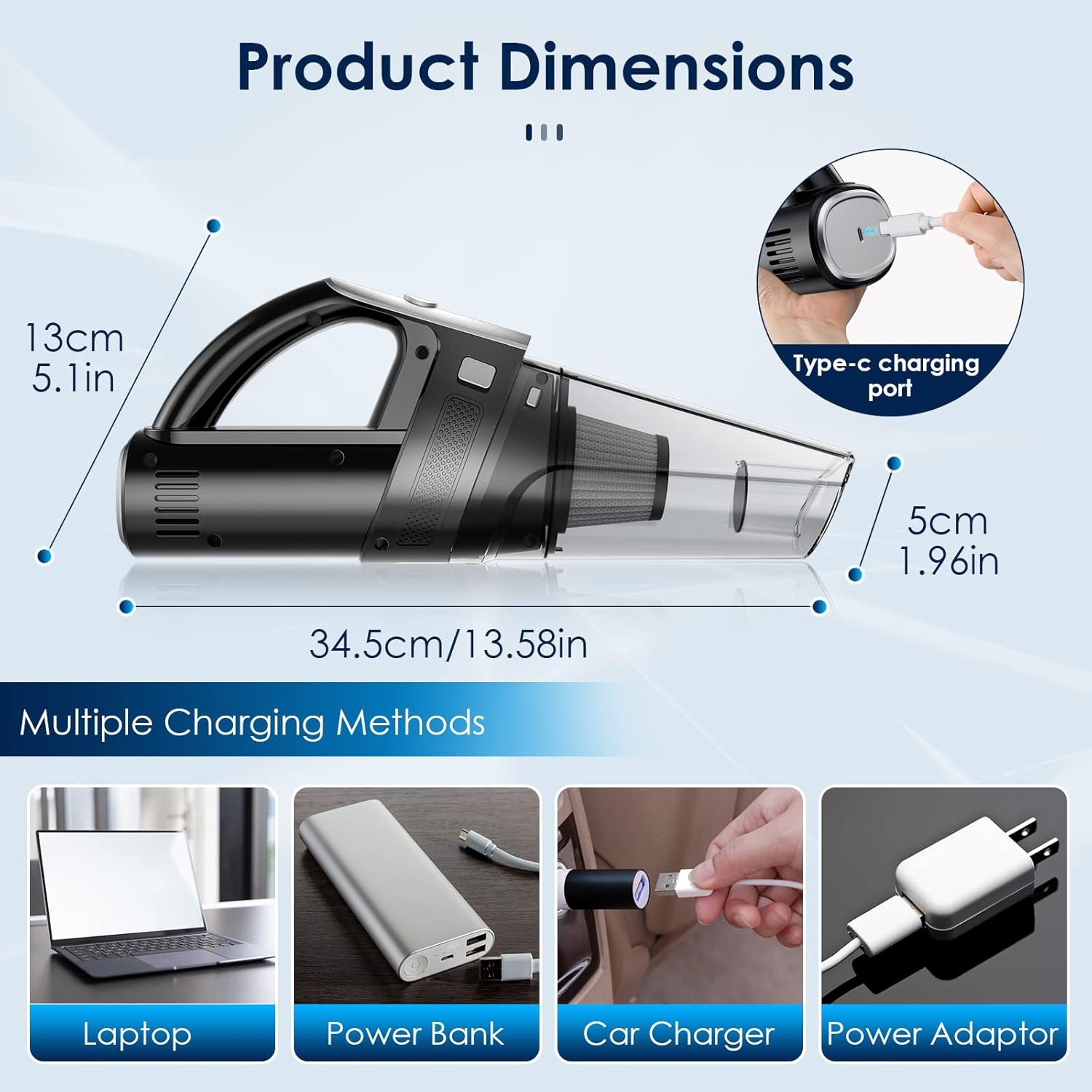 Draadloze mini-stofzuiger, draagbaar, voor autostoel, 7500-10000 PA, handstofzuiger, nat, droog, oplaadbaar, licht, thuis, kantoor, toetsenbord, tapijt, huisdieren, haar, USB