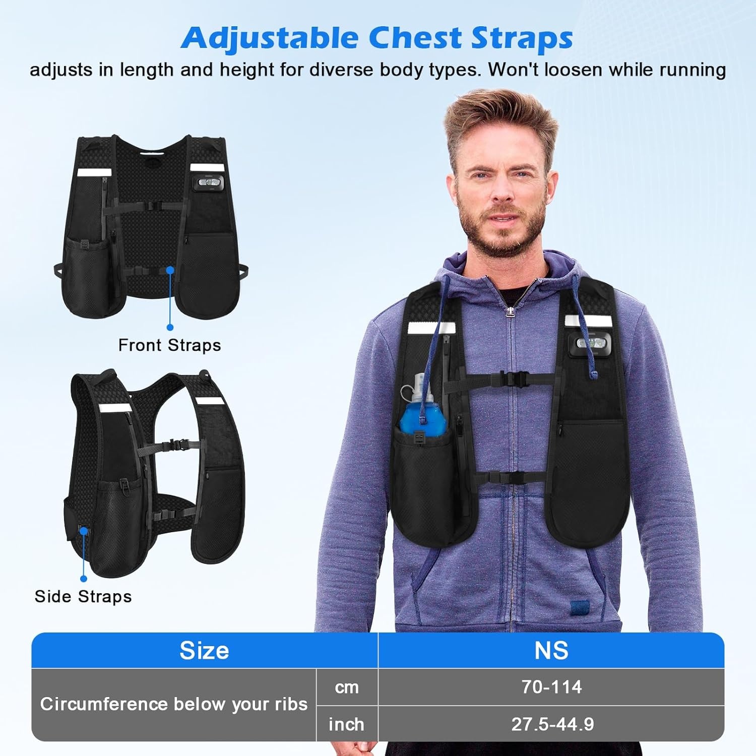 Hardloopvest voor dames en heren, drinkvest lopen met verstelbare borstbanden, 500 ml waterfles, ledlicht, reflecterende drinkrugzak met telefoonhouder
