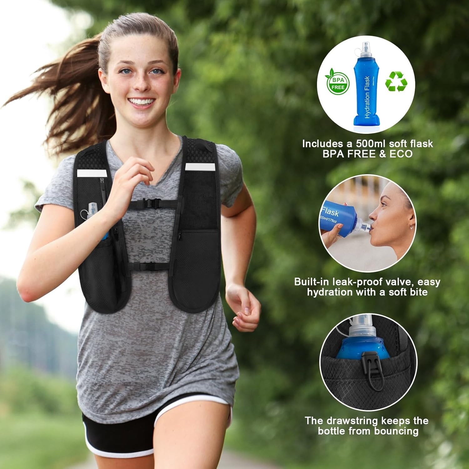 Hardloopvest voor dames en heren, drinkvest lopen met verstelbare borstbanden, 500 ml waterfles, ledlicht, reflecterende drinkrugzak met telefoonhouder