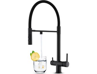 3-weg waterkraan, zwart, 360° draaibare keukenkraan met naar beneden trekken douche, 3-in-1 mengkraan, drinkwaterkraan met 2 hendels voor waterfilter, 3-weg armatuur van messing en roestvrij