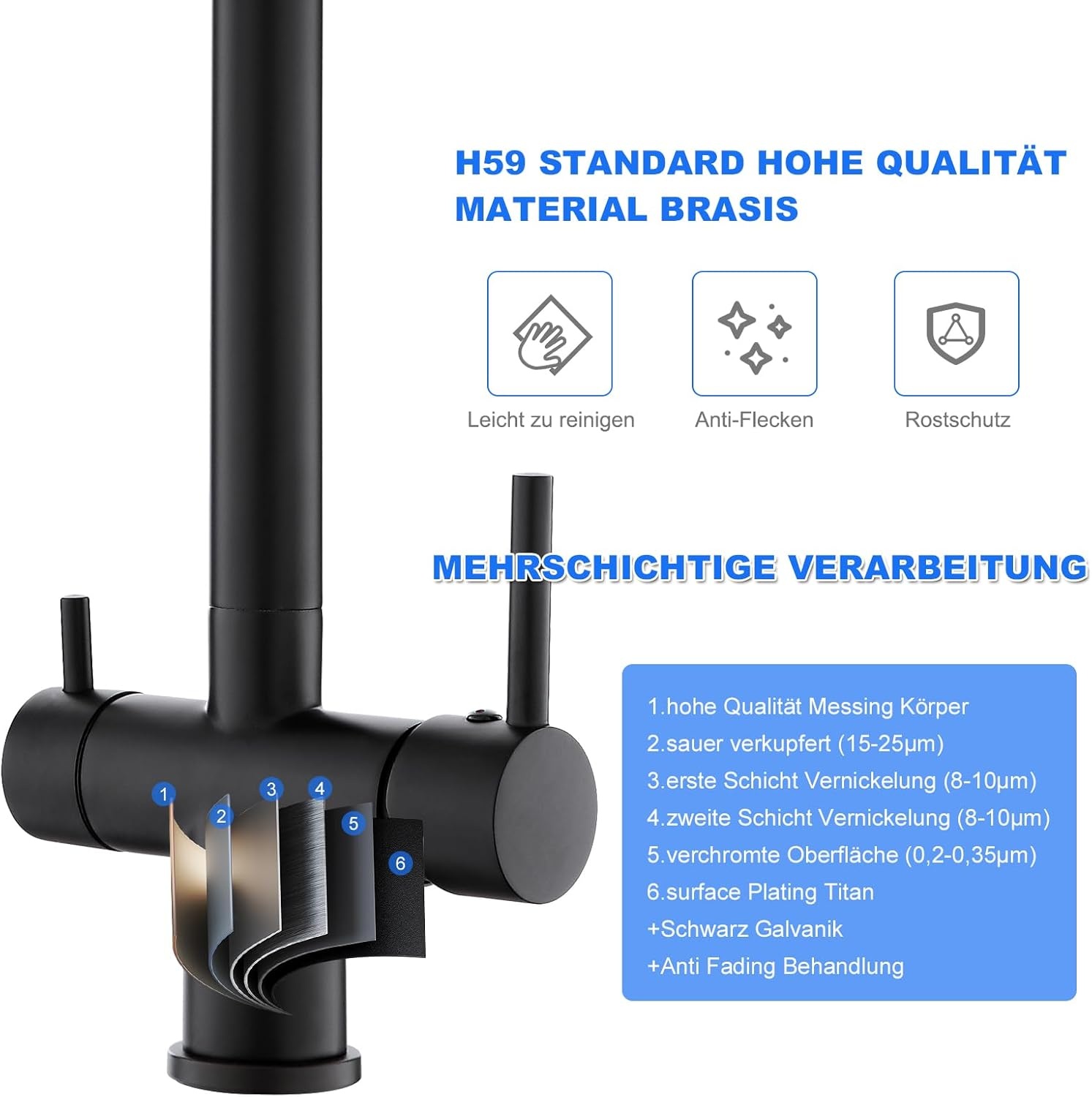 3-weg waterkraan, zwart, 360° draaibare keukenkraan met naar beneden trekken douche, 3-in-1 mengkraan, drinkwaterkraan met 2 hendels voor waterfilter, 3-weg armatuur van messing en roestvrij