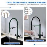 3-weg waterkraan, zwart, 360° draaibare keukenkraan met naar beneden trekken douche, 3-in-1 mengkraan, drinkwaterkraan met 2 hendels voor waterfilter, 3-weg armatuur van messing en roestvrij