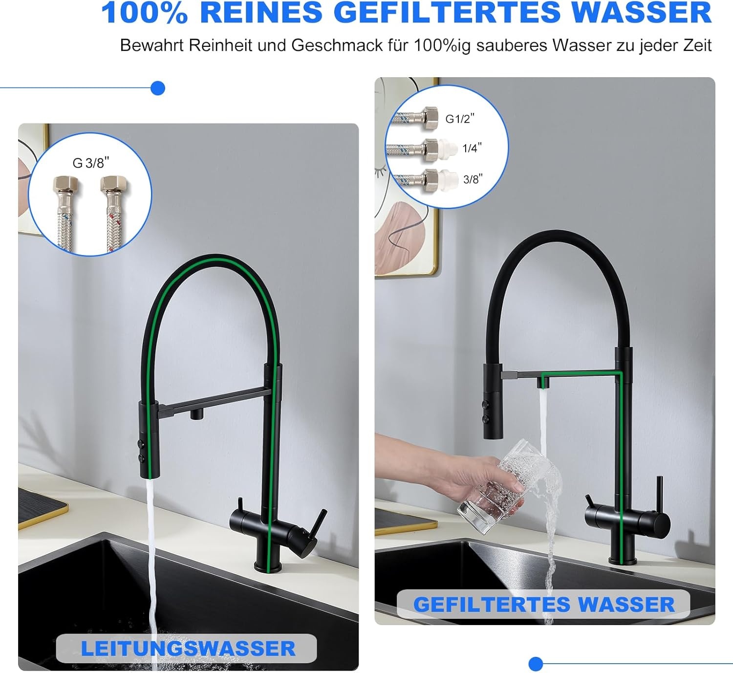 3-weg waterkraan, zwart, 360° draaibare keukenkraan met naar beneden trekken douche, 3-in-1 mengkraan, drinkwaterkraan met 2 hendels voor waterfilter, 3-weg armatuur van messing en roestvrij
