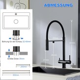 3-weg waterkraan, zwart, 360° draaibare keukenkraan met naar beneden trekken douche, 3-in-1 mengkraan, drinkwaterkraan met 2 hendels voor waterfilter, 3-weg armatuur van messing en roestvrij