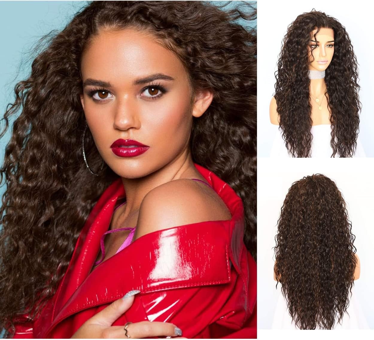 Sapphirewigs Pruik met krullend kant aan voorkant, highlight, bruin, synthetische pruiken voor vrouwen, 33 x 7 cm, dagelijks dragen, feest, Kerstmis, Halloween, hittebestendig, 66 cm